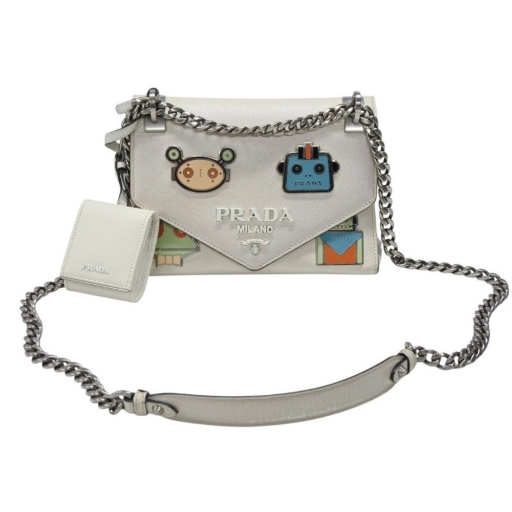 Prada Bag Chain Black Robot Shoulder Monochrome Saffiano White Leather - Picture 2 of 10
